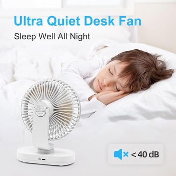 Veľmi tichý stolný ventilátor, malý ventilátor 16,5 cm, automatická oscilácia, 4 rýchlosti, silný