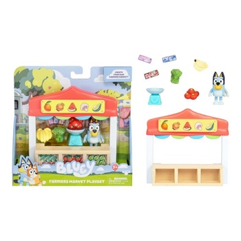 Miniatúrne hracie sady Bluey. Modrá hracia sada s farmárskym trhom. Obsahuje bingo figúrku s