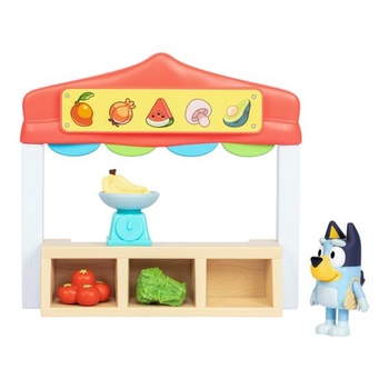 Miniatúrne hracie sady Bluey. Modrá hracia sada s farmárskym trhom. Obsahuje bingo figúrku s