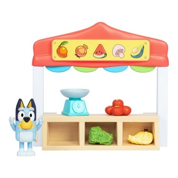 Miniatúrne hracie sady Bluey. Modrá hracia sada s farmárskym trhom. Obsahuje bingo figúrku s