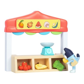 Miniatúrne hracie sady Bluey. Modrá hracia sada s farmárskym trhom. Obsahuje bingo figúrku s