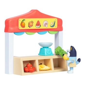 Miniatúrne hracie sady Bluey. Modrá hracia sada s farmárskym trhom. Obsahuje bingo figúrku s