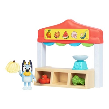 Miniatúrne hracie sady Bluey. Modrá hracia sada s farmárskym trhom. Obsahuje bingo figúrku s