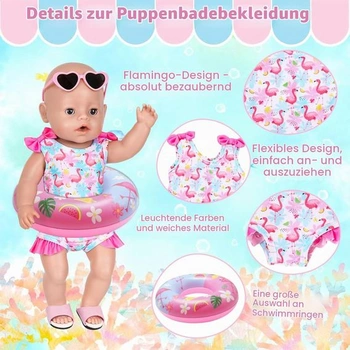 Plavky Flamingo pro miminka 43 cm, 4dílná plavecká sada kompatibilní s novorozeneckou plaveckou