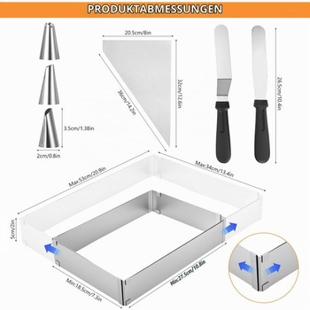 Nastavitelný obdélníkový pečící rám s dělicí příčkou, nastavitelný dortový kruh, čtvercová plech na