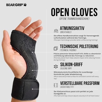 Bear Grip - Otvorené tréningové rukavice pre CrossFit, kulturistiku, kalisteniku, powerlifting XS