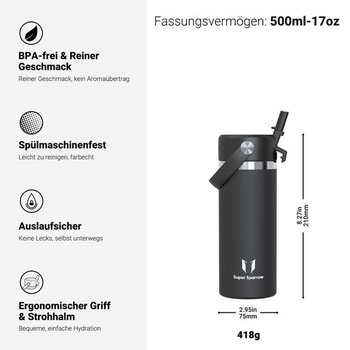 Dětská nerezová láhev na pití Sparrow 500ml termoska s brčkem 500ml černá
