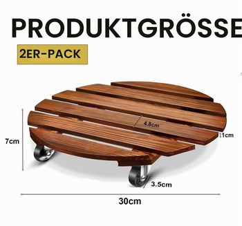 2ks dřevěných vozíků na rostliny, kulatý stojan na rostliny s kolečky, 30cm kulatý pojízdný tác na