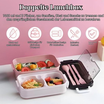 Svačinový box se 3 přihrádkami, 1400 ml, bento box, vhodný do mikrovlnné trouby a myčky nádobí,