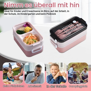 Svačinový box se 3 přihrádkami, 1400 ml, bento box, vhodný do mikrovlnné trouby a myčky nádobí,