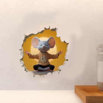 PLIGREAT 3D roztomilé samolepky na stenu s myšou, jogové pozície, odnímateľné meditačné veľké samolepky