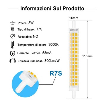 EXTRASTAR R7S LED nestmievateľná 8W 118mm LED žiarovka s dvojitým lineárnym efektom 3000K ekvivalent