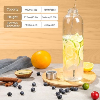 Sklenená fľaša na pitie 1L z borosilikátového skla, sklenená fľaša 1 liter