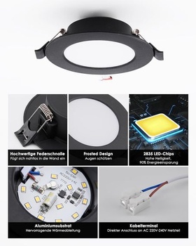 20 LED bodových svetiel, čiernych, 5W, okrúhlych, 3000K, 450LM, priemer výrezu 75-90mm, 3000k-20ks