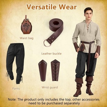 Stredoveká pirátska košeľa, tradičný retro štýl s opaskom, khaki, L