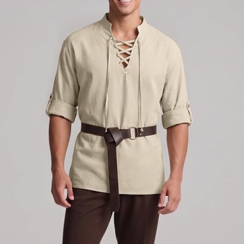 Stredoveká pirátska košeľa, tradičný retro štýl s opaskom, khaki, L