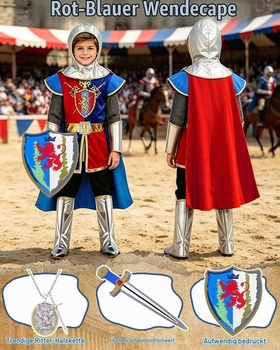 Detský rytiersky kostým s rytierskou helmou, plášťom a penovým štítom 140
