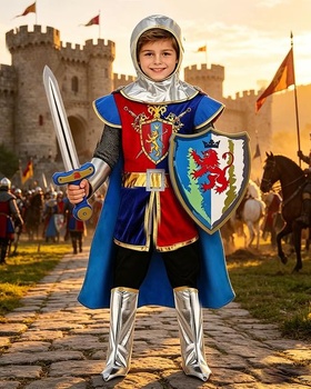 Detský rytiersky kostým s rytierskou helmou, plášťom a penovým štítom 140