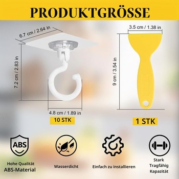 9 samolepiacich stropných háčikov, priehľadných, otočných o 360°, bez vŕtania