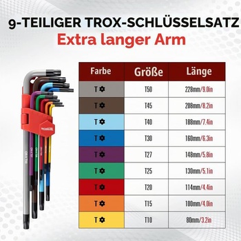 9dielna sada kľúčov Torx, extra dlhá sada imbusových kľúčov T10-T50, chrómovaná oceľ, farebne