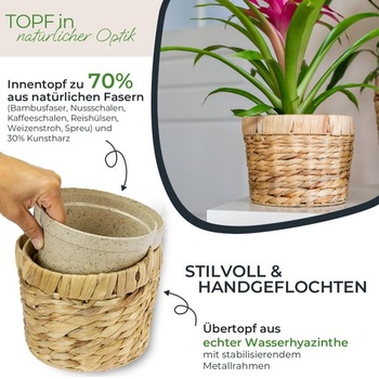 Kvetináč HMF tkaný z vodného hyacintu s kvetináčom, okrúhly, priemer 19 cm, prírodné farby, 1 kus