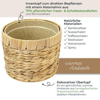 Kvetináč HMF tkaný z vodného hyacintu s kvetináčom, okrúhly, priemer 19 cm, prírodné farby, 1 kus
