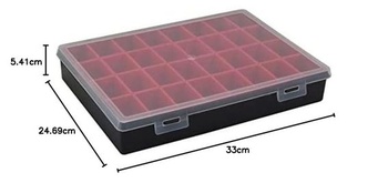 Sortimentní box Tayg TG34008, 32 vyjímatelných přihrádek, 330 mm x 247 mm x 54 mm. Rozměry 32