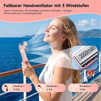 WOWDSGN Mini ruční ventilátor, 3v1 přenosný ruční ventilátor s baterkou, dobíjecí 2000mAh na cesty,