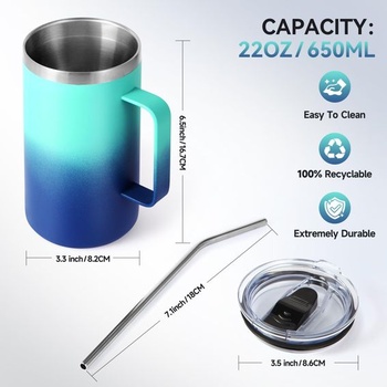 Termohrnek na kávu Volhoply 650ml, dvoustěnný vakuově izolovaný hrnek z nerezové oceli s rukojetí,