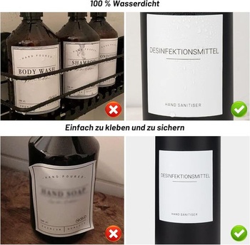 Dávkovač mydla s bielym povrchom, 22 bielymi vodeodolnými etiketami a bambusovými pumpičkami.