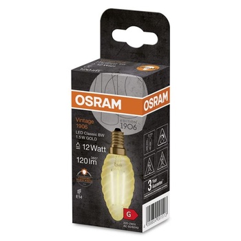 LED žiarovka Osram Vintage 1906 Classic BW FIL, E14, tvar skrútenej sviečky, zlatá, 1,5 W, 120lm,