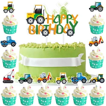 Dekorácia na torty s traktorom, 49 kusov, zelené ozdoby na…