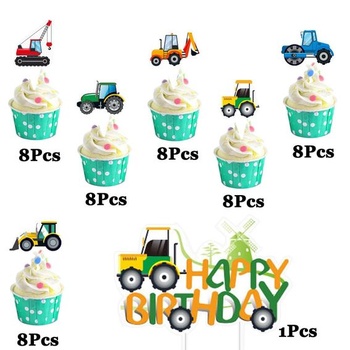 Dekorácia na torty s traktorom, 49 kusov, zelené ozdoby na muffiny s traktorom na narodeniny,