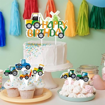 Dekorácia na torty s traktorom, 49 kusov, zelené ozdoby na muffiny s traktorom na narodeniny,