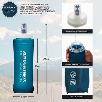 Mäkká fľaša na vodu Build & Fitness, balenie po 2 kusoch, 500 ml / 350 ml. Skladacia mäkká fľaša,