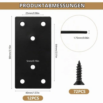 12 ks nerezových plochých spojek 80x40mm černé barvy pro dřevěný nábytek