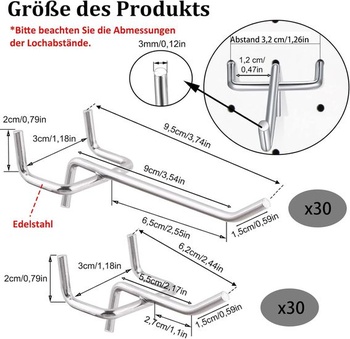 Háčiky na dierovanú dosku, 60 kusov, rozstup 3 cm, priemer 3 mm, pre regály v supermarketoch, dielňach,