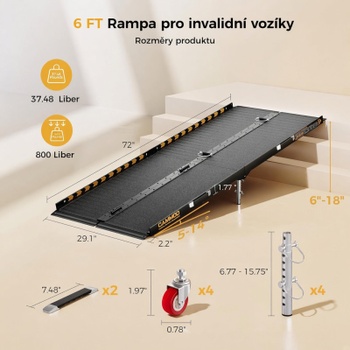 Skladacia hliníková rampa pre invalidný vozík WR-6FTB, 6 ft, 800 lb, čierna