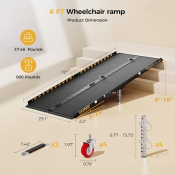 Skladacia hliníková rampa pre invalidný vozík WR-6FTB, 6 ft, 800 lb, čierna
