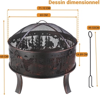 Zahradní ohniště s krytem proti jiskrám HT-0004,  65 cm, železo