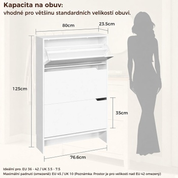 Botník s 3 výklopnými zásuvkami, 80 x 23,5 x 125,5 cm, biely