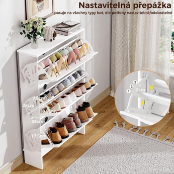 Botník s 3 výklopnými zásuvkami, 80 x 23,5 x 125,5 cm, biely