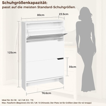 Botník se 3 výklopnými zásuvkami, 80 x 23,5 x 125,5 cm, bílý
