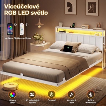 Rám postele s osvětlením a USB porty, 140 x 200 cm, béžová