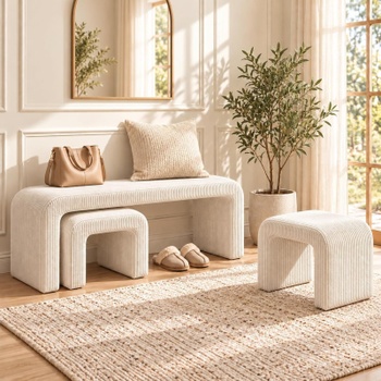 Čalúnená lavica s 2 taburety SF18219, 103 x 43 x 44 cm, béžová