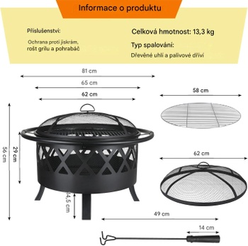 Záhradné ohnisko s grilom JS-FT069B, 80 cm, čierne