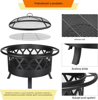 Záhradné ohnisko s grilom JS-FT069B, 80 cm, čierne