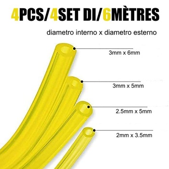 4 kusy palivových hadíc s dĺžkou 1,5 metra: 3 x 6 mm, 3 x 5 mm, 2,5 x 5 mm, 2 x 3,5 mm. PVC palivové