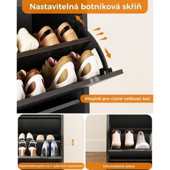 Botník so 4 výklopnými zásuvkami a nastaviteľnými policami DE-XG-01, 100 x 22 x 98 cm, čierny
