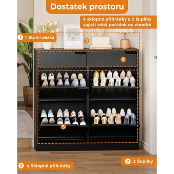 Botník so 4 výklopnými zásuvkami a nastaviteľnými policami DE-XG-01, 100 x 22 x 98 cm, čierny